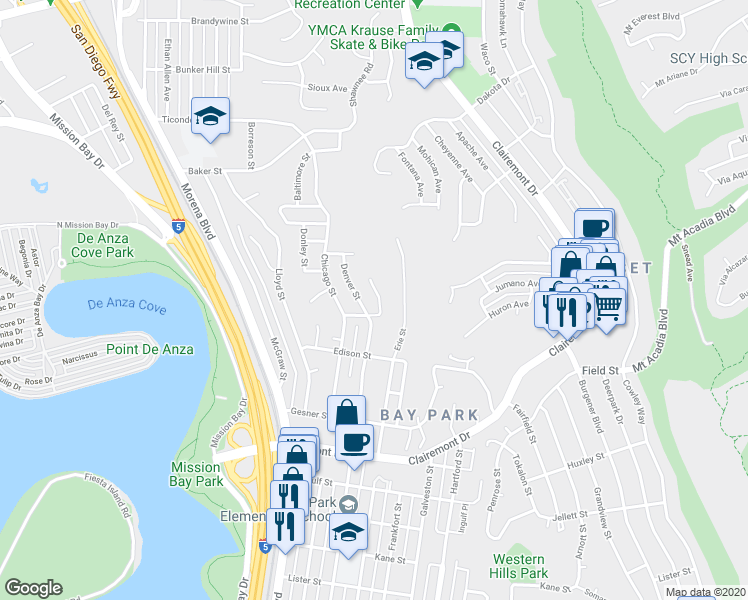 map of restaurants, bars, coffee shops, grocery stores, and more near 3142 Mooney Street in San Diego
