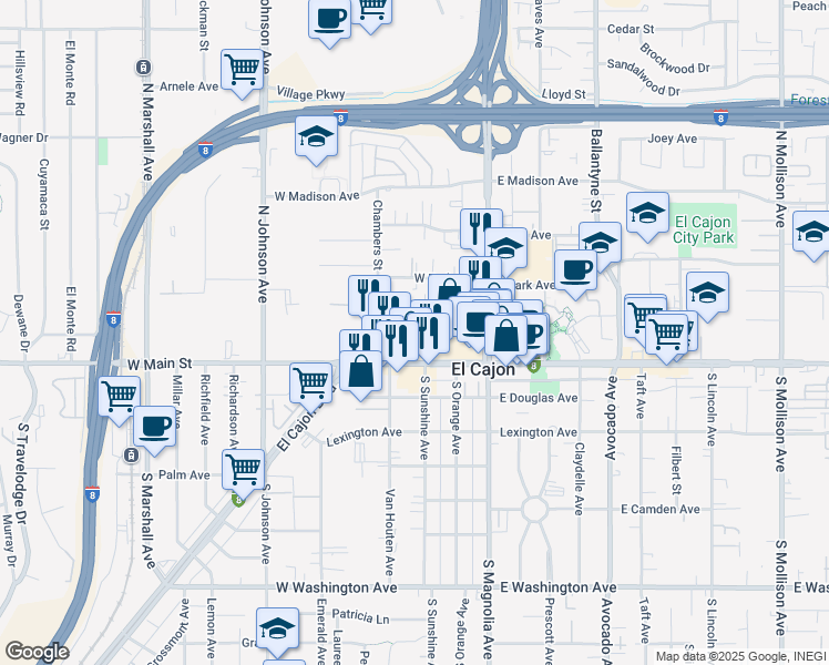 map of restaurants, bars, coffee shops, grocery stores, and more near 311 Linda Way in El Cajon