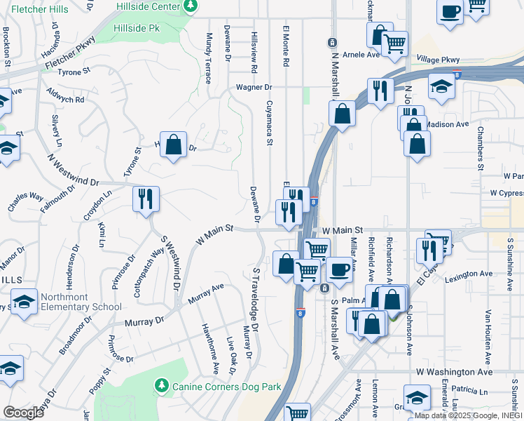 map of restaurants, bars, coffee shops, grocery stores, and more near 183 Marsden Court in El Cajon