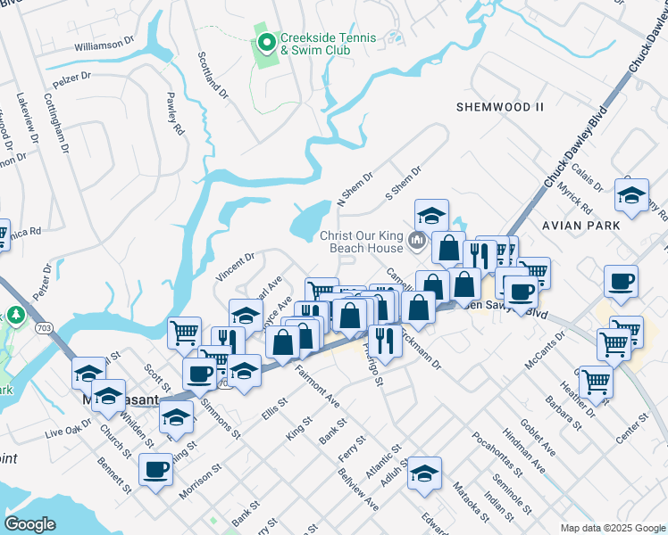 map of restaurants, bars, coffee shops, grocery stores, and more near 832 North Shem Drive in Mount Pleasant
