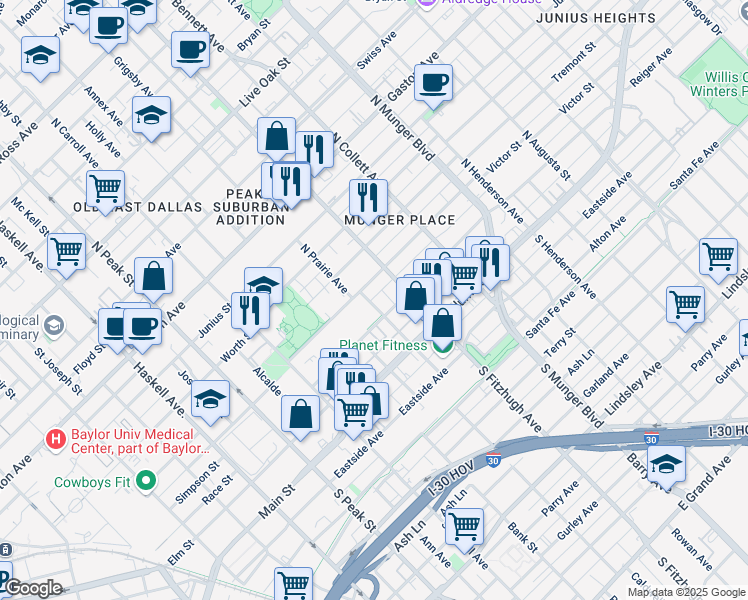 map of restaurants, bars, coffee shops, grocery stores, and more near 326 North Prairie Avenue in Dallas