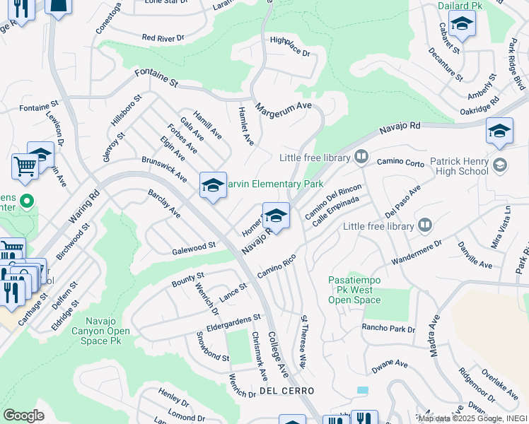 map of restaurants, bars, coffee shops, grocery stores, and more near 7195 Horner Street in San Diego