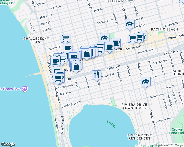 map of restaurants, bars, coffee shops, grocery stores, and more near 1116 Grand Avenue in San Diego