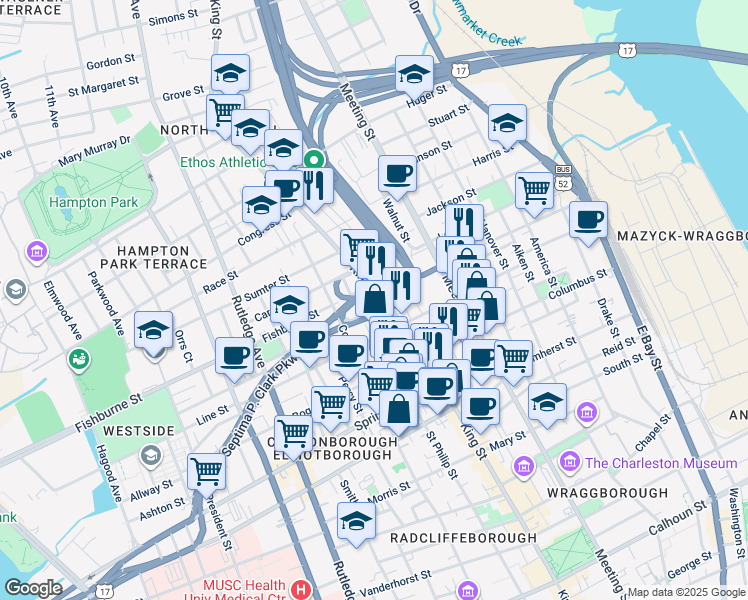 map of restaurants, bars, coffee shops, grocery stores, and more near 677 King Street in Charleston