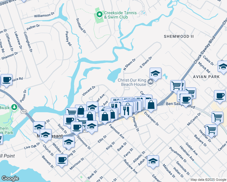 map of restaurants, bars, coffee shops, grocery stores, and more near 65 Vincent Drive in Mount Pleasant