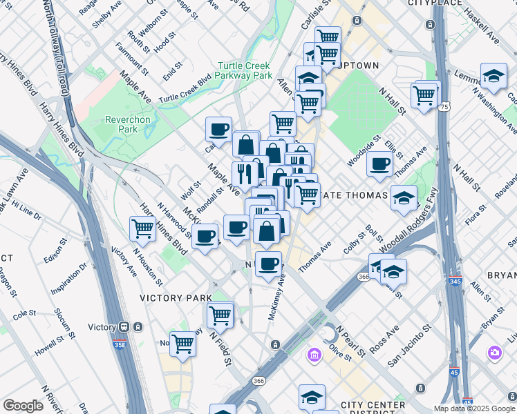 map of restaurants, bars, coffee shops, grocery stores, and more near 2620 Maple Avenue in Dallas