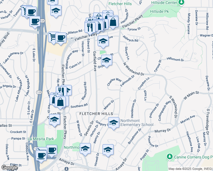 map of restaurants, bars, coffee shops, grocery stores, and more near 2297 Charles Way in El Cajon