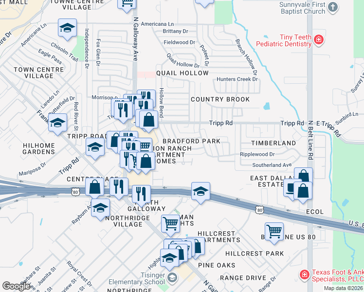 map of restaurants, bars, coffee shops, grocery stores, and more near 2301 Penrose Drive in Mesquite