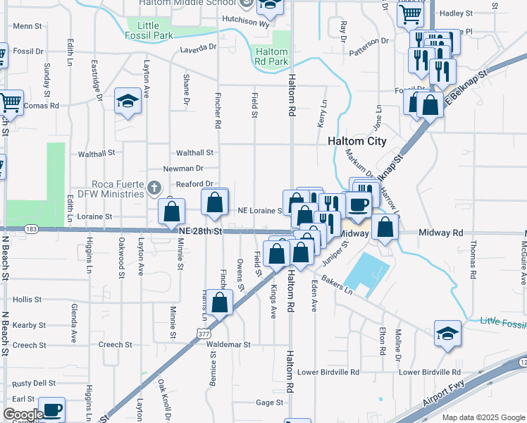map of restaurants, bars, coffee shops, grocery stores, and more near 5008a Northeast Loraine Street in Haltom City