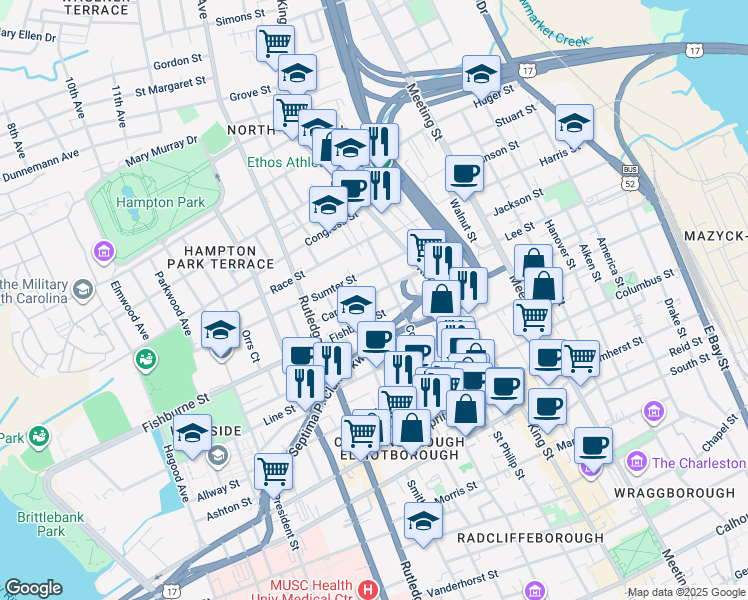 map of restaurants, bars, coffee shops, grocery stores, and more near 27 Carolina Street in Charleston