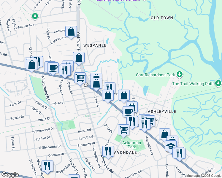 map of restaurants, bars, coffee shops, grocery stores, and more near 1010 San Juan Avenue in Charleston
