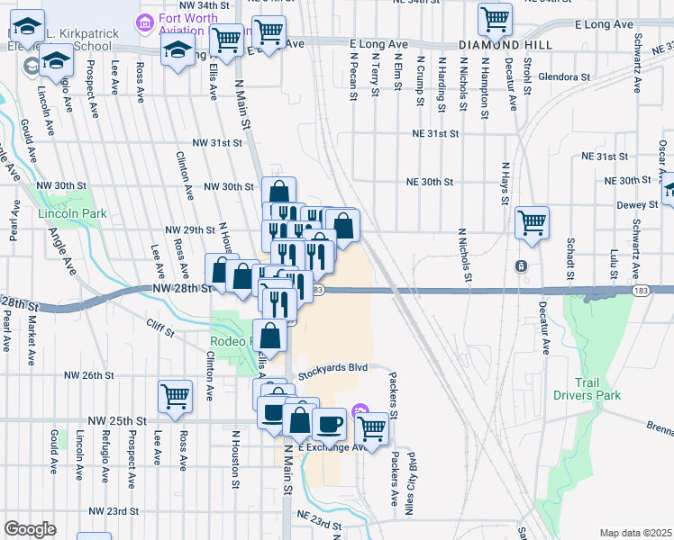 map of restaurants, bars, coffee shops, grocery stores, and more near 245 Northeast 28th Street in Fort Worth