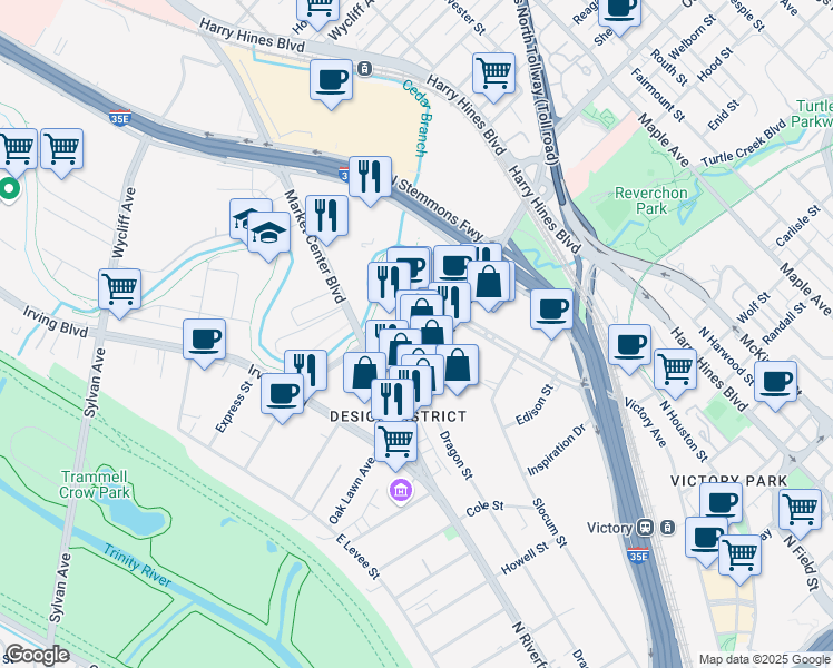 map of restaurants, bars, coffee shops, grocery stores, and more near 1400 Turtle Creek Boulevard in Dallas