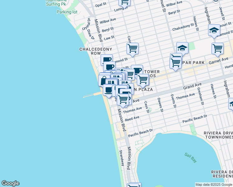 map of restaurants, bars, coffee shops, grocery stores, and more near 4465 Mission Boulevard in San Diego