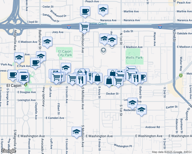 map of restaurants, bars, coffee shops, grocery stores, and more near 982 East Main Street in El Cajon