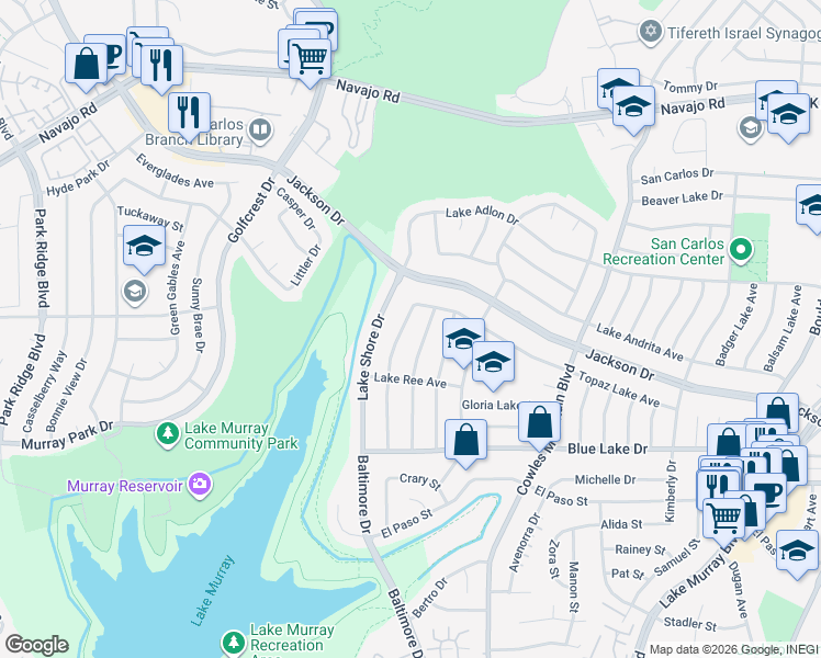 map of restaurants, bars, coffee shops, grocery stores, and more near 6363 Lake Lucerne Drive in San Diego