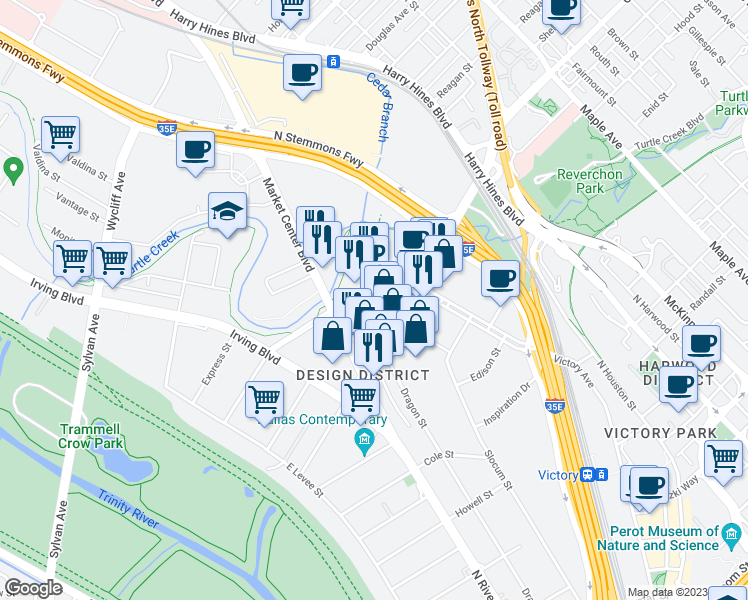 map of restaurants, bars, coffee shops, grocery stores, and more near 1400 Turtle Creek Boulevard in Dallas