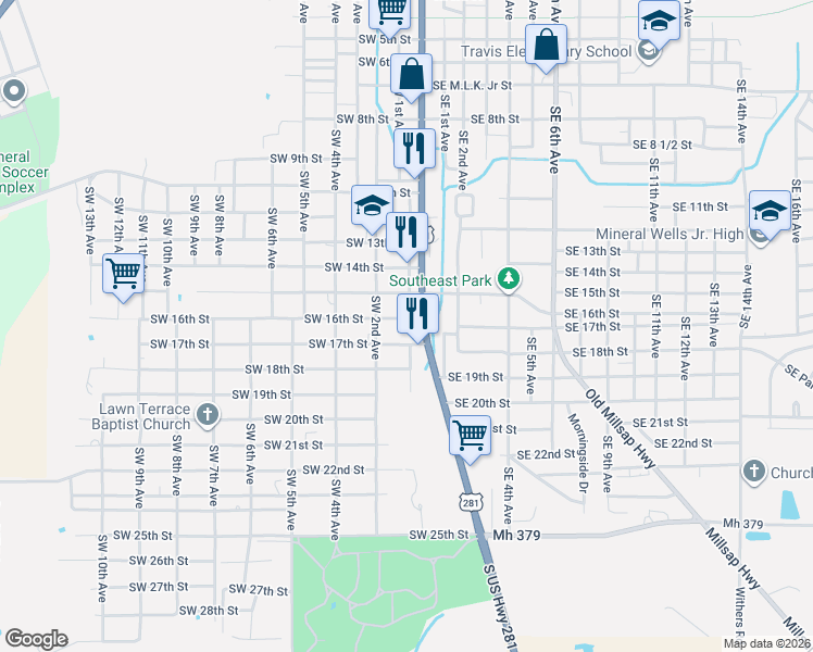 map of restaurants, bars, coffee shops, grocery stores, and more near 201 Southwest 16th Street in Mineral Wells
