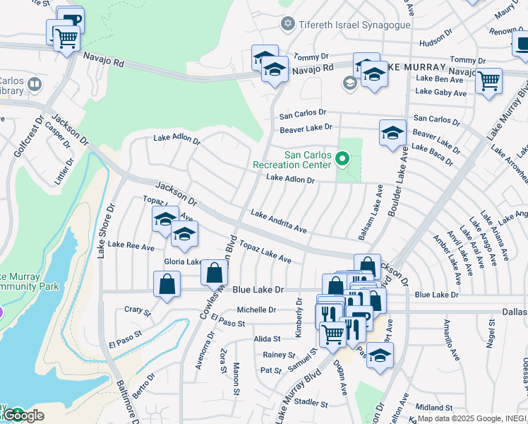 map of restaurants, bars, coffee shops, grocery stores, and more near 7920 Lake Andrita Avenue in San Diego