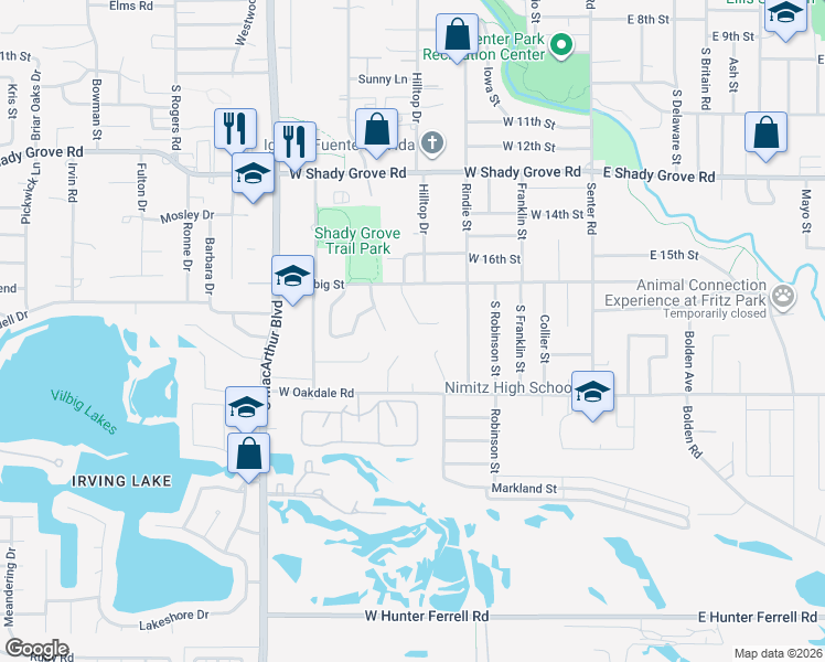 map of restaurants, bars, coffee shops, grocery stores, and more near 1802 Creek Ridge Court in Irving