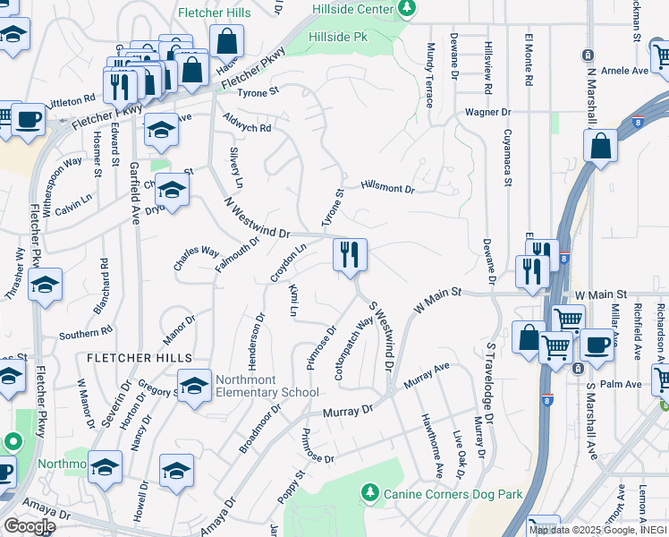 map of restaurants, bars, coffee shops, grocery stores, and more near 1805 Wedgemere Road in El Cajon