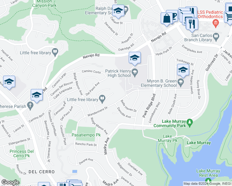 map of restaurants, bars, coffee shops, grocery stores, and more near 6589 Bluefield Place in San Diego