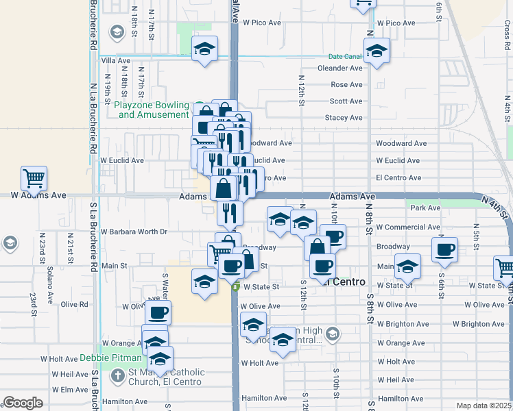 map of restaurants, bars, coffee shops, grocery stores, and more near 1425 Adams Ave in El Centro