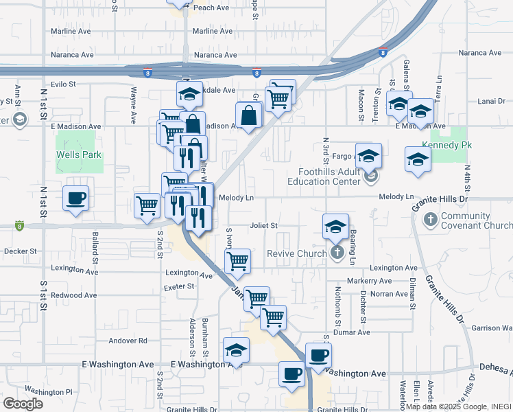 map of restaurants, bars, coffee shops, grocery stores, and more near 182 North Gina Avenue in El Cajon