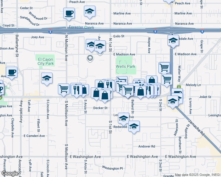 map of restaurants, bars, coffee shops, grocery stores, and more near 171 North 1st Street in El Cajon