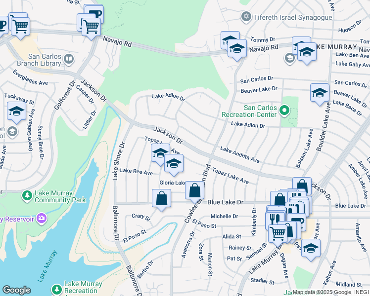 map of restaurants, bars, coffee shops, grocery stores, and more near 6902 Jackson Drive in San Diego