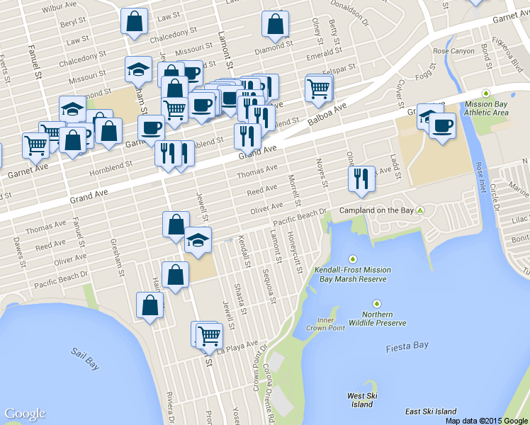map of restaurants, bars, coffee shops, grocery stores, and more near 1875 Oliver Avenue in San Diego