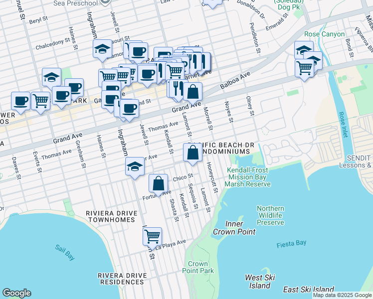 map of restaurants, bars, coffee shops, grocery stores, and more near 1875 Oliver Avenue in San Diego