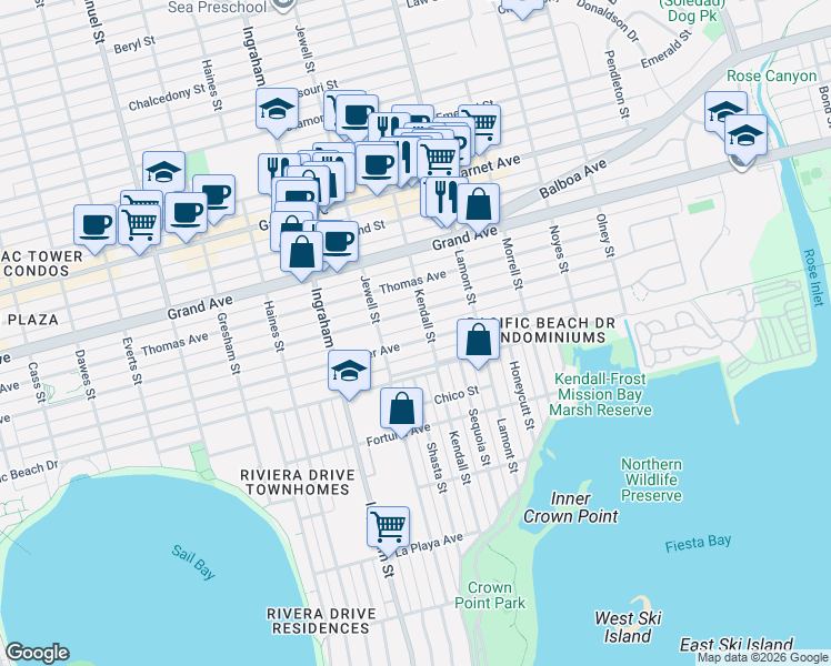 map of restaurants, bars, coffee shops, grocery stores, and more near 1732 Oliver Avenue in San Diego