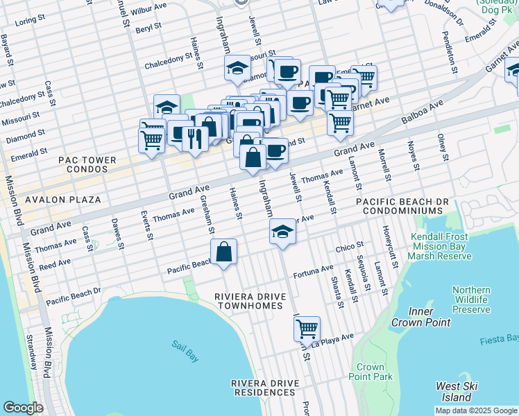 map of restaurants, bars, coffee shops, grocery stores, and more near 1572 1/2 Reed Avenue in San Diego