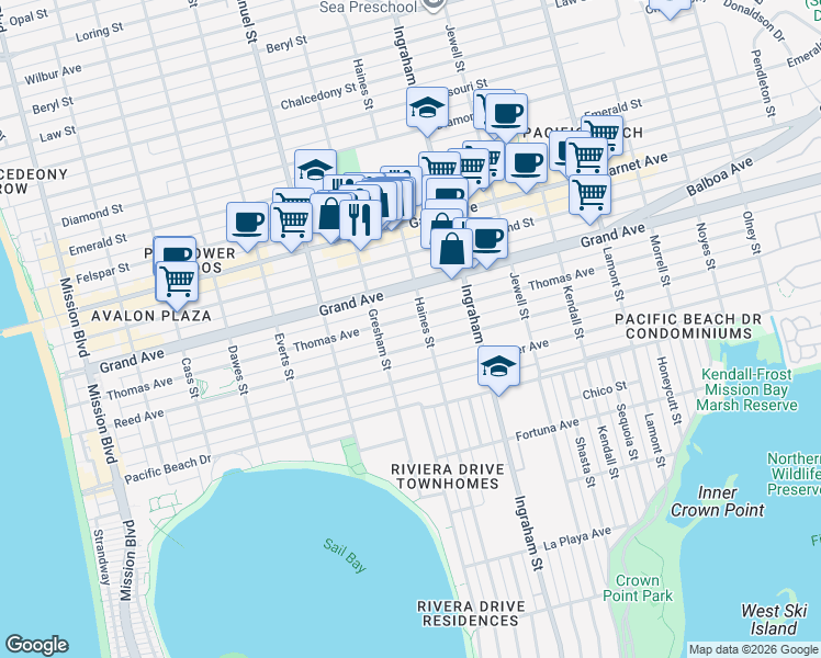 map of restaurants, bars, coffee shops, grocery stores, and more near 1421 Thomas Avenue in San Diego