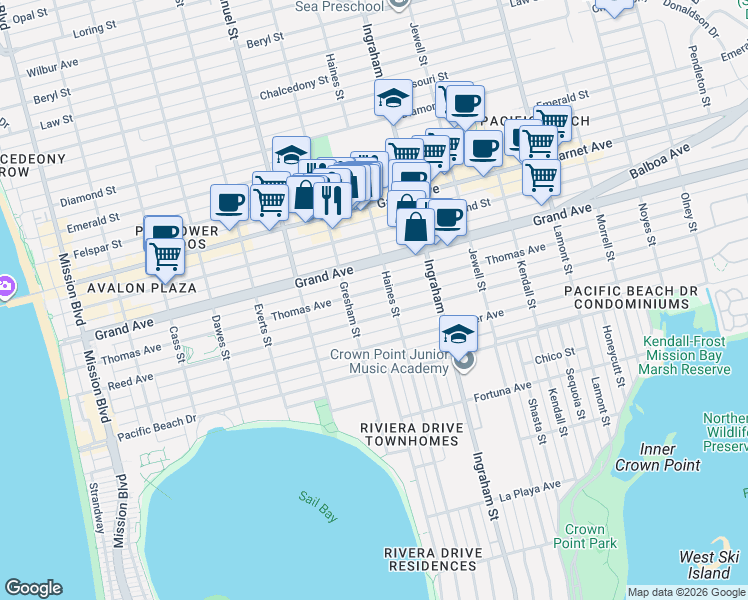 map of restaurants, bars, coffee shops, grocery stores, and more near 1421 Thomas Avenue in San Diego