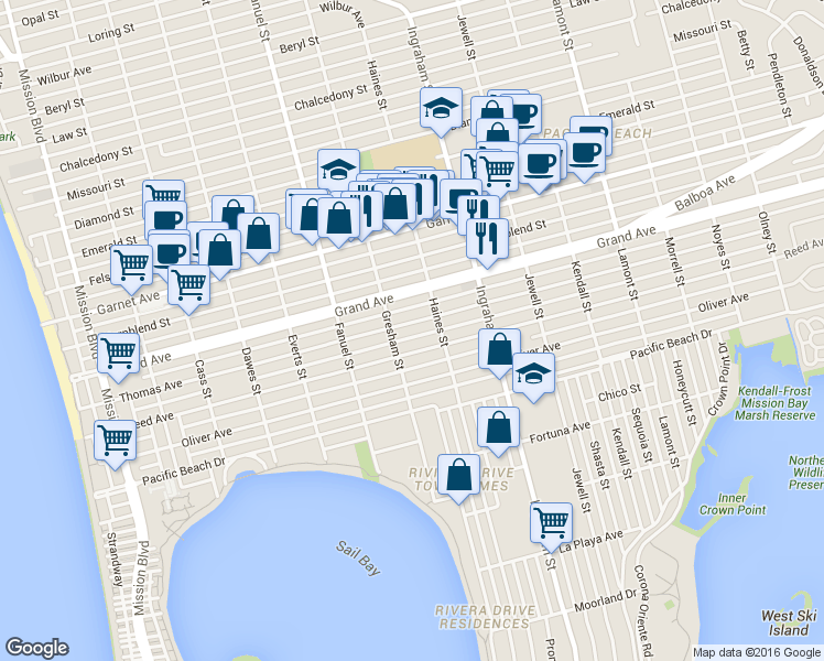 map of restaurants, bars, coffee shops, grocery stores, and more near 1421 Thomas Avenue in San Diego
