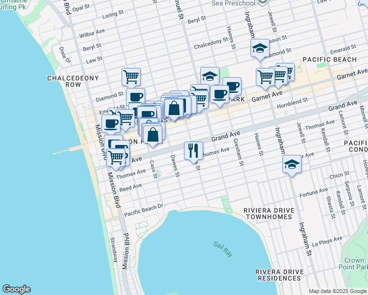 map of restaurants, bars, coffee shops, grocery stores, and more near 1116 Grand Avenue in San Diego