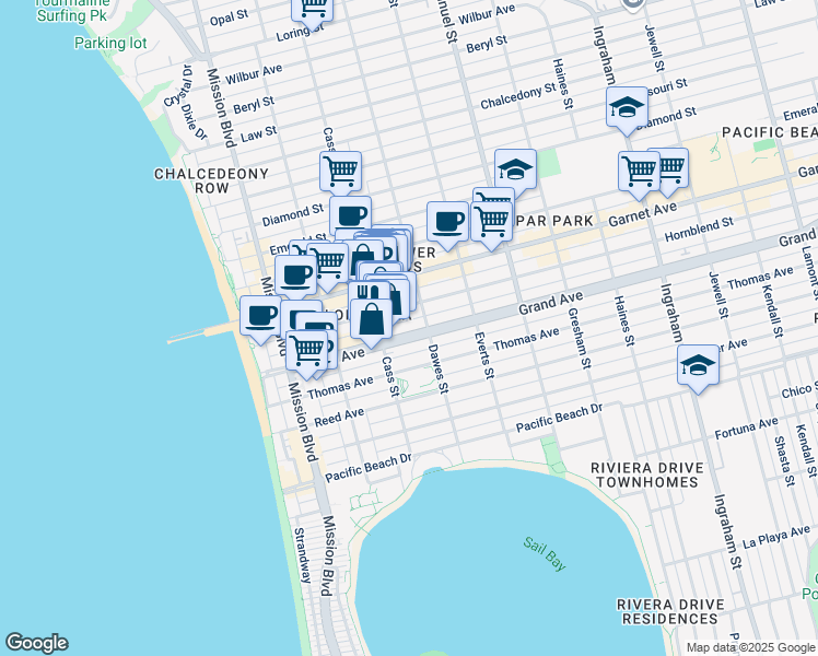 map of restaurants, bars, coffee shops, grocery stores, and more near 1036 Grand Avenue in San Diego