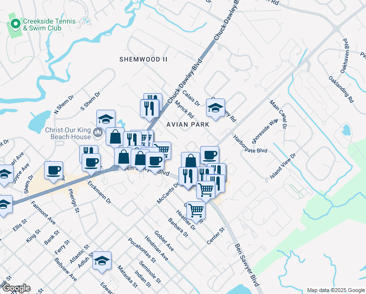 map of restaurants, bars, coffee shops, grocery stores, and more near 1017 Chuck Dawley Boulevard in Mount Pleasant