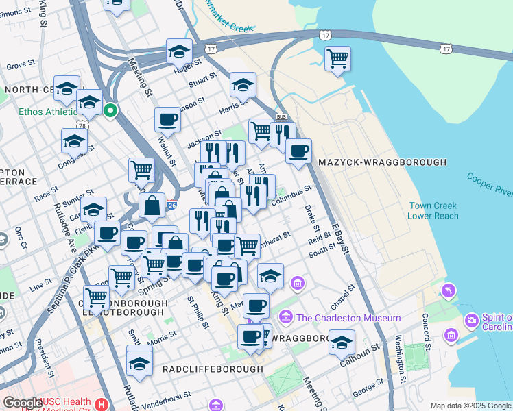 map of restaurants, bars, coffee shops, grocery stores, and more near 45 Hanover Street in Charleston