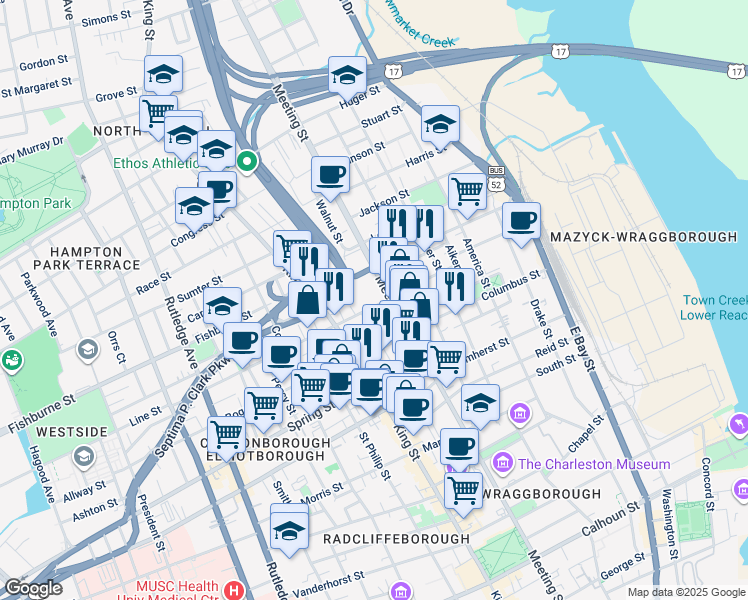 map of restaurants, bars, coffee shops, grocery stores, and more near 38 Line Street in Charleston