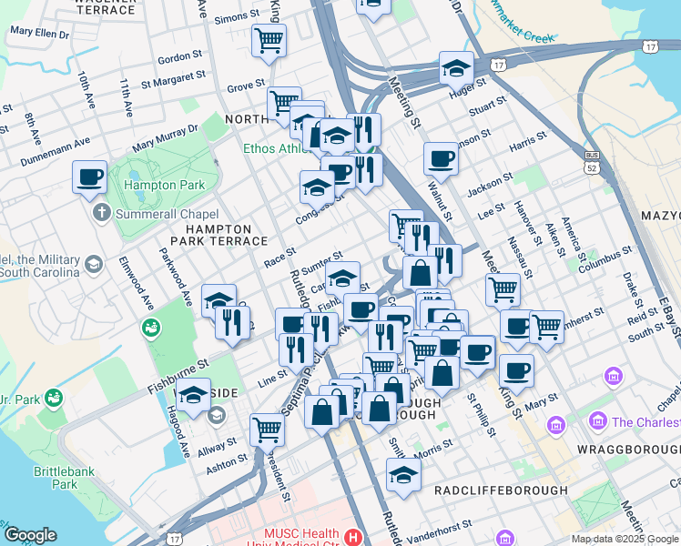 map of restaurants, bars, coffee shops, grocery stores, and more near 12 Perry Street in Charleston