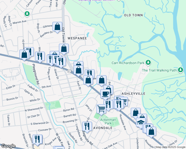 map of restaurants, bars, coffee shops, grocery stores, and more near 1010 San Juan Avenue in Charleston