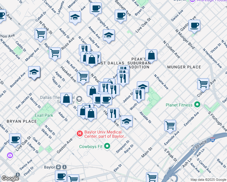 map of restaurants, bars, coffee shops, grocery stores, and more near 918 North Peak Street in Dallas
