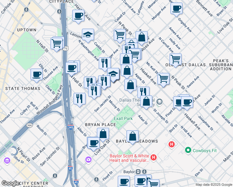 map of restaurants, bars, coffee shops, grocery stores, and more near 3608 San Jacinto Street in Dallas