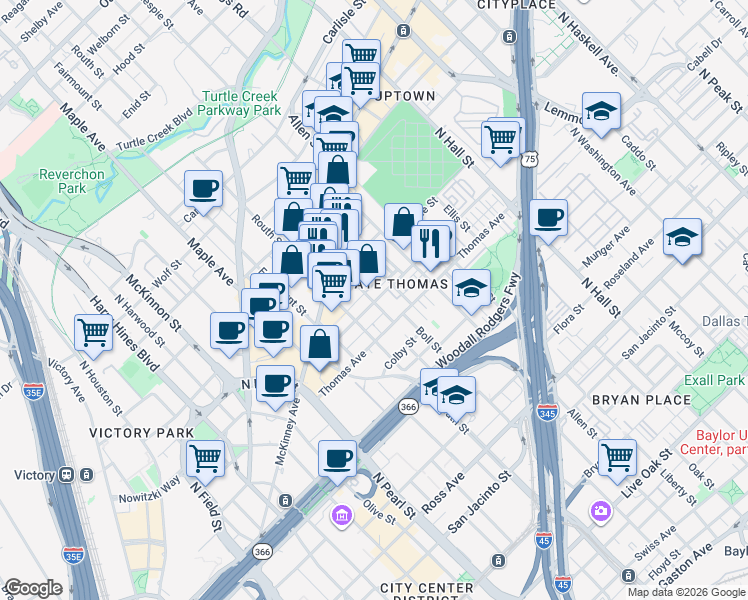 map of restaurants, bars, coffee shops, grocery stores, and more near in Dallas