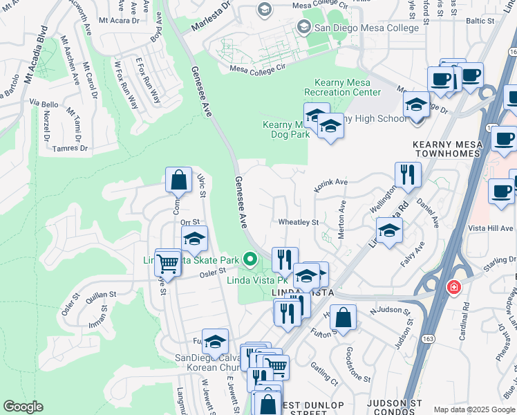 map of restaurants, bars, coffee shops, grocery stores, and more near 6911 Quemoy Court in San Diego