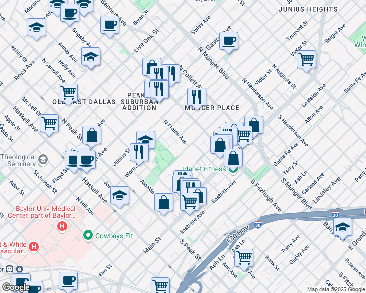 map of restaurants, bars, coffee shops, grocery stores, and more near 4727 Victor Street in Dallas