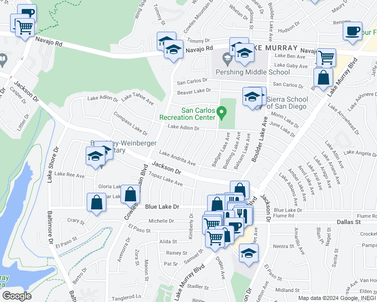 map of restaurants, bars, coffee shops, grocery stores, and more near 6329 Lake Como Avenue in San Diego
